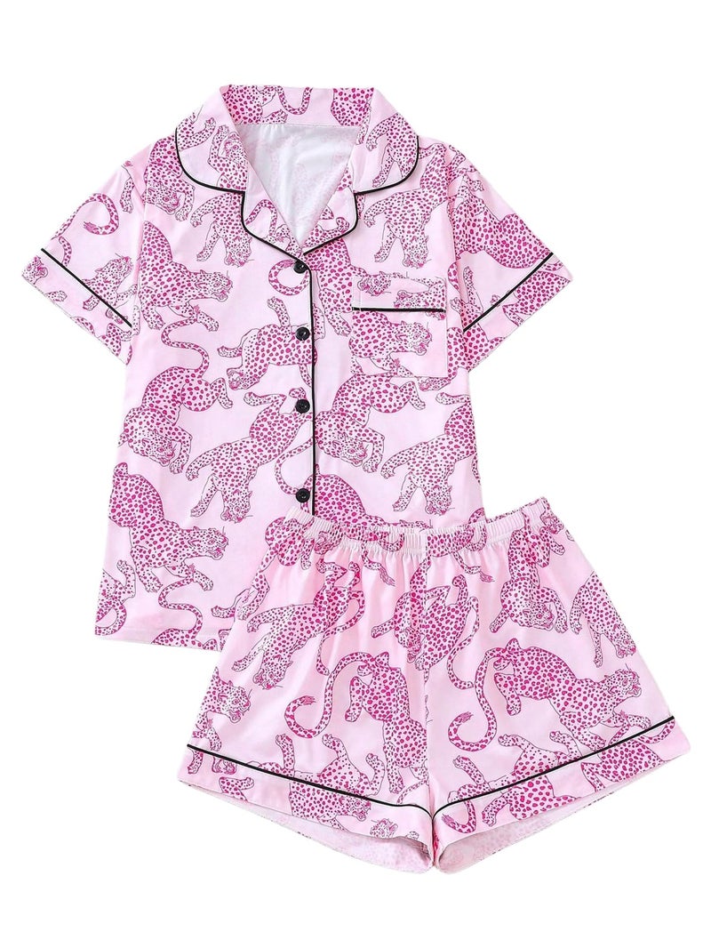 WDIRARA Women's Two Piece Animal Print Short Sleeve Button Shirt and Elastic Waist Shorts Pajama Set Hot Pink Medium - Image 1