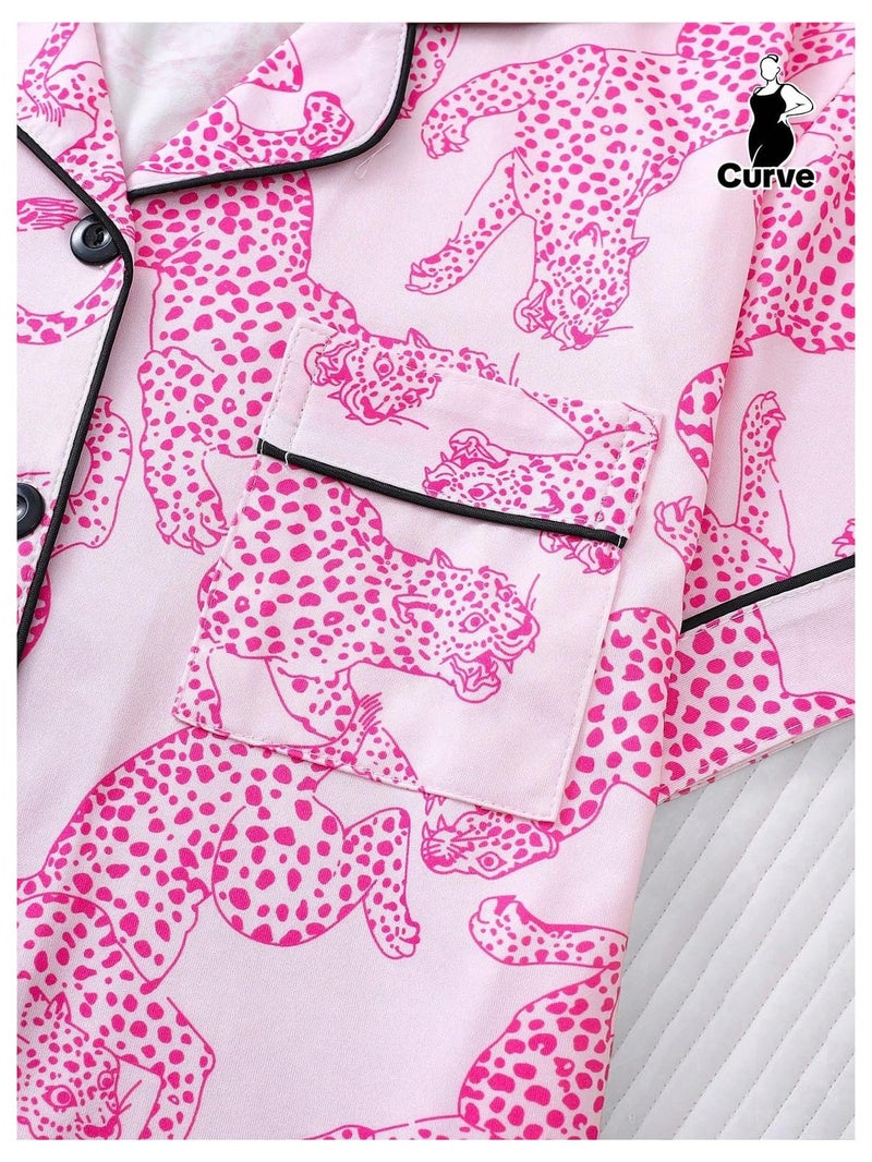 WDIRARA Women's Two Piece Animal Print Short Sleeve Button Shirt and Elastic Waist Shorts Pajama Set Hot Pink Medium - Image 4
