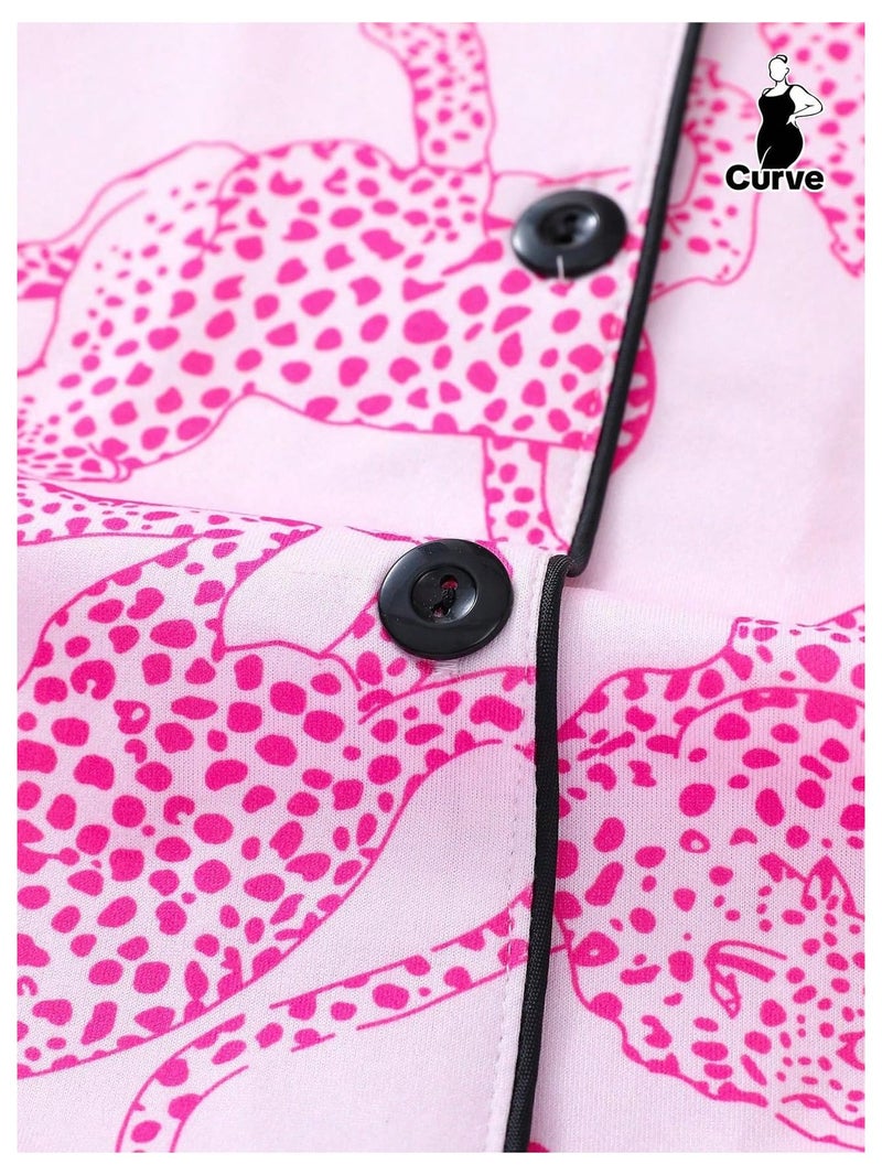 WDIRARA Women's Two Piece Animal Print Short Sleeve Button Shirt and Elastic Waist Shorts Pajama Set Hot Pink Medium - Image 5