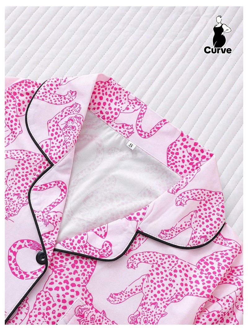 WDIRARA Women's Two Piece Animal Print Short Sleeve Button Shirt and Elastic Waist Shorts Pajama Set Hot Pink Medium - Image 3