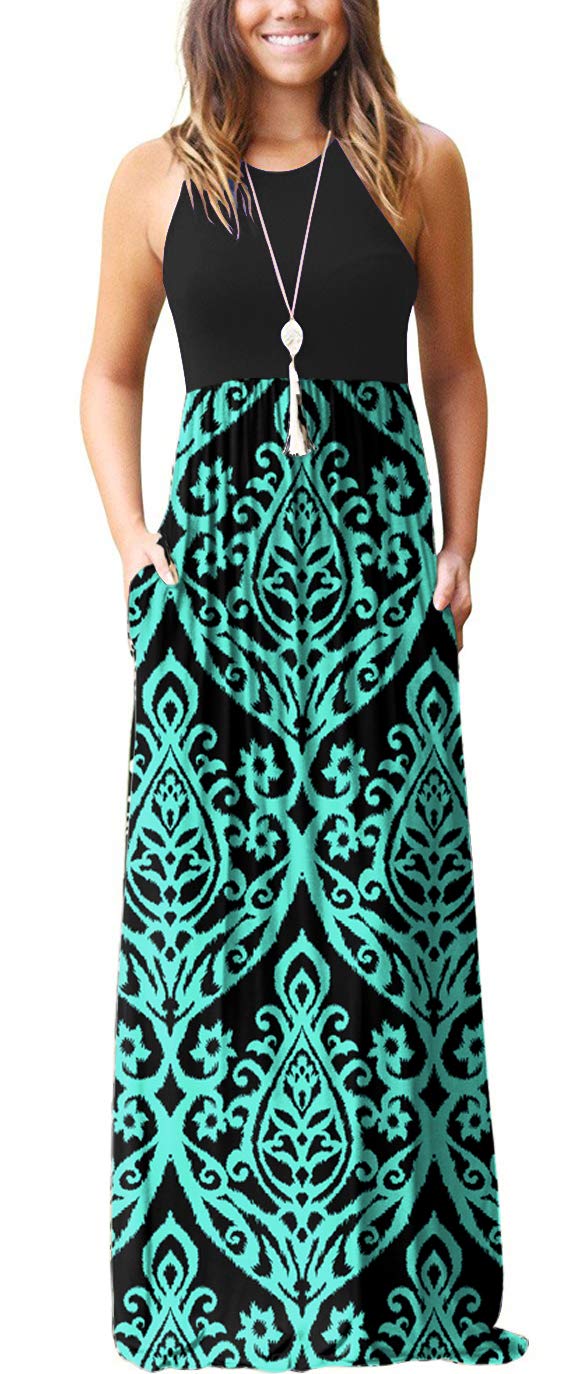 GRECERELLE Womens Summer Sleeveless Casual Long Tank Maxi Dress with Pockets Flower Blue Green XL