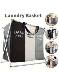 KITCHENOO Laundry Basket 3 Sections Foldable Dirty Clothes Hamper Aluminum Frame Laundry Sorter Organizer, Freestanding Laundry Basket, Tall Collapsible Laundry Basket with Handles for Clothes Toys in Bathroom, Bedroom, Family Closet Storage  - Image 1