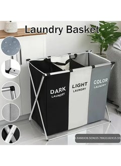 KITCHENOO Laundry Basket 3 Sections Foldable Dirty Clothes Hamper Aluminum Frame Laundry Sorter Organizer, Freestanding Laundry Basket, Tall Collapsible Laundry Basket with Handles for Clothes Toys in Bathroom, Bedroom, Family Closet Storage  - Image 2
