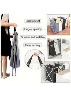 KITCHENOO Laundry Basket 3 Sections Foldable Dirty Clothes Hamper Aluminum Frame Laundry Sorter Organizer, Freestanding Laundry Basket, Tall Collapsible Laundry Basket with Handles for Clothes Toys in Bathroom, Bedroom, Family Closet Storage  - Image 5