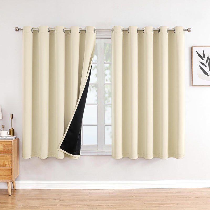 ChrisDowa 100% Blackout Curtains 63 inch Long for Bedroom with Black Liner  Extra Wide 2 Thick Layers Total Blackout Thermal Insulated Grommet Window Curtains 2 Panels Set (Light Beige  60 x 63 Inch) - Image 1