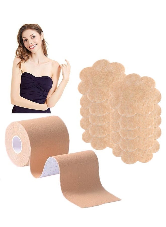 كيلا شريط الجسم العامة، شريط دعم مشكل ورافع، شريط لاصق بطول 5 أمتار و10 قطع رقعة زهور، شريط دعم قابل للتنفس ومقاوم للتعرق، مناسب لأي نوع من الملابس وكؤوس A-D، بيج - Image 1