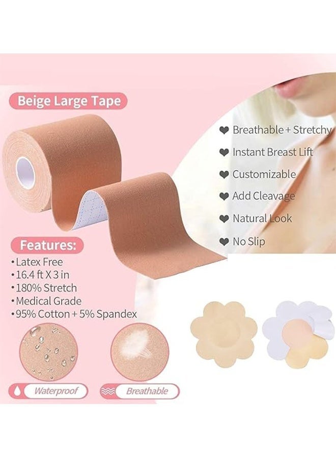 كيلا شريط الجسم العامة، شريط دعم مشكل ورافع، شريط لاصق بطول 5 أمتار و10 قطع رقعة زهور، شريط دعم قابل للتنفس ومقاوم للتعرق، مناسب لأي نوع من الملابس وكؤوس A-D، بيج - Image 3