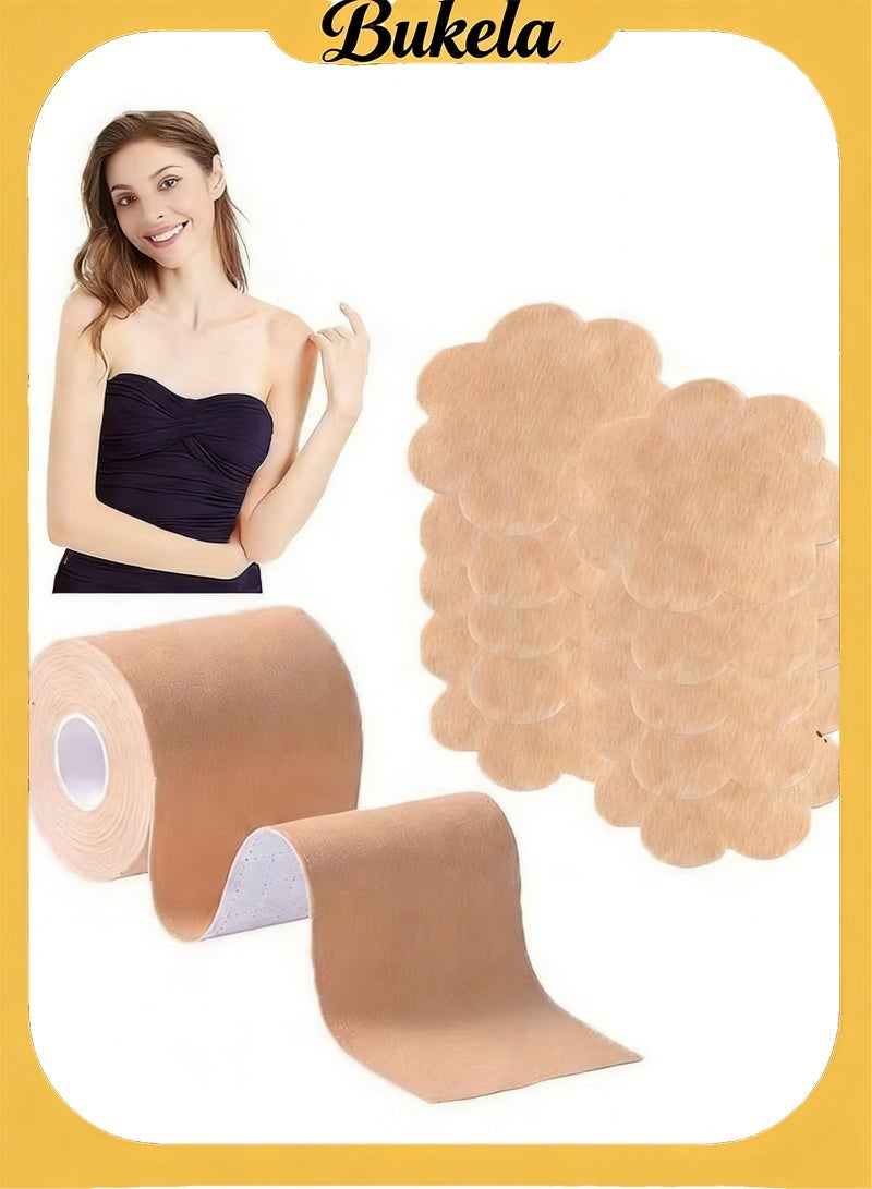 Bukela Body Tape Set Nipple Cover Bra for Ladies, Shaper and Lifter Support Tape, 5m Adhesive tape and 10 Pieces Flower Patch, Breathable Sweatproof Support Tape, Suitable for Any Type of Clothing and A-D Cups, Beige - Image 1