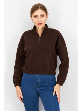 Women Half Zip Long Sleeves Solid Sweatshirt, Brown