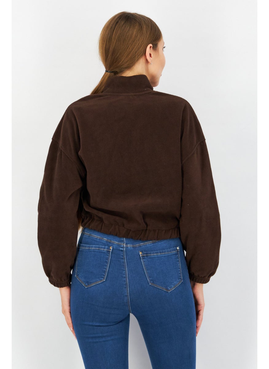 Don't Call Me Jennyfer - Women Half Zip Long Sleeves Solid Sweatshirt, Brown - Image 1