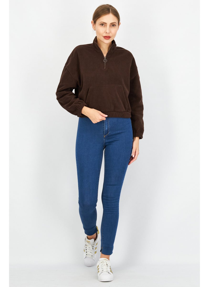 Don't Call Me Jennyfer - Women Half Zip Long Sleeves Solid Sweatshirt, Brown - Image 1
