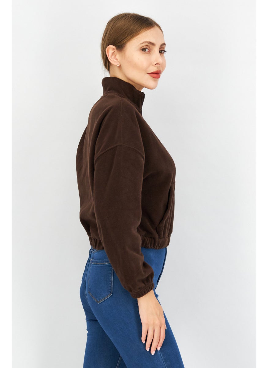 Don't Call Me Jennyfer - Women Half Zip Long Sleeves Solid Sweatshirt, Brown - Image 1