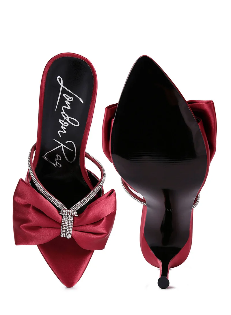 London Rag Rhinestone Bow Embellished Stiletto Sandals in Burgundy