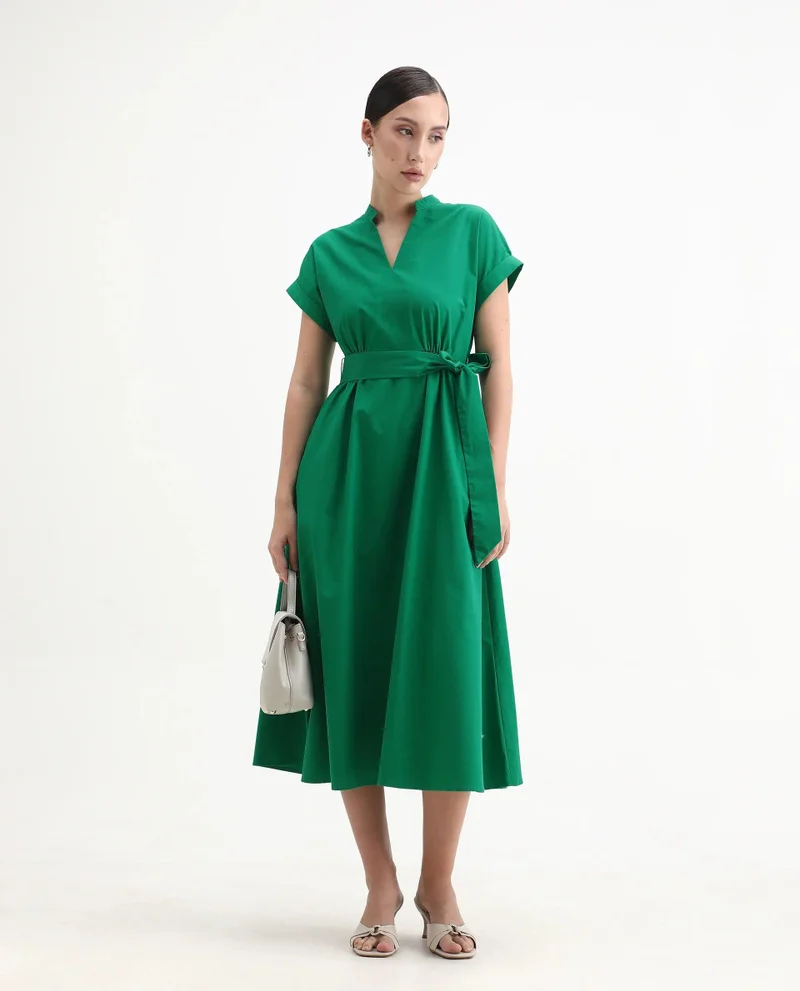 Rareism Rareism Women Eleri Green Extended Sleeves Mandarin Collar A-Line Midi Plain Dress