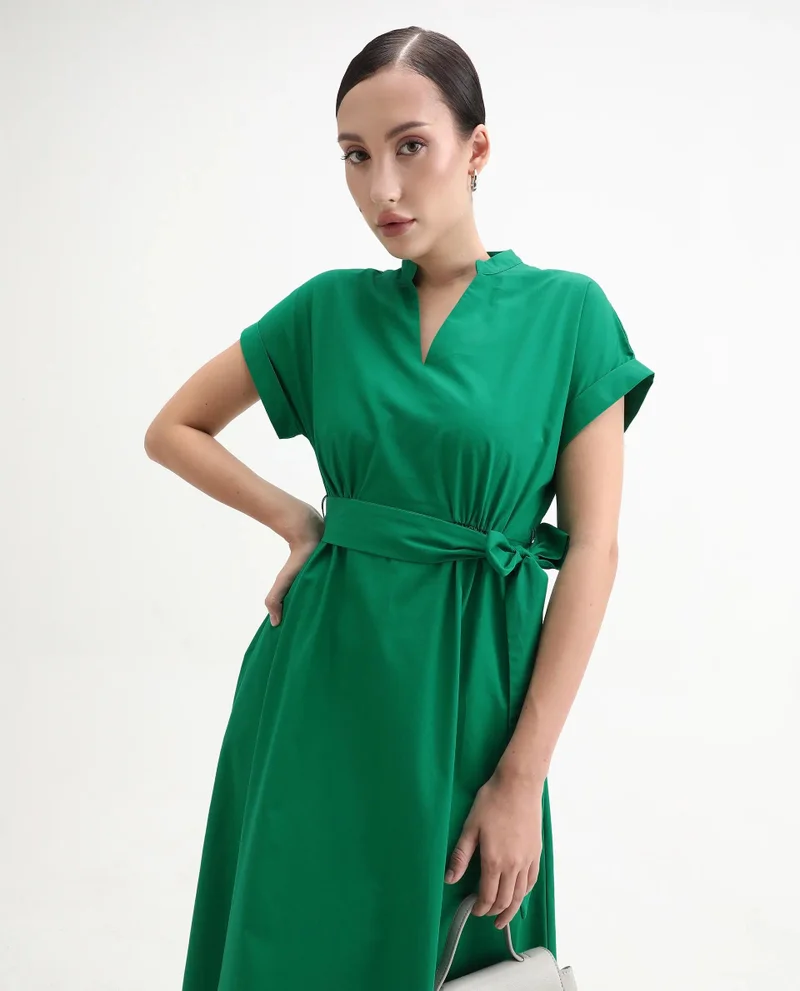 Rareism Rareism Women Eleri Green Extended Sleeves Mandarin Collar A-Line Midi Plain Dress