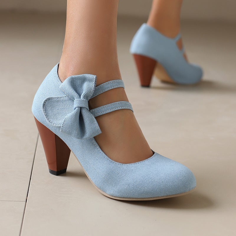 2024 Spring Classic Round-Headed High Heels 31-48 Denim Bow Shallow Mouth Shoes - Image 2