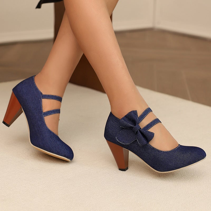 2024 Spring Classic Round-Headed High Heels 31-48 Denim Bow Shallow Mouth Shoes - Image 5