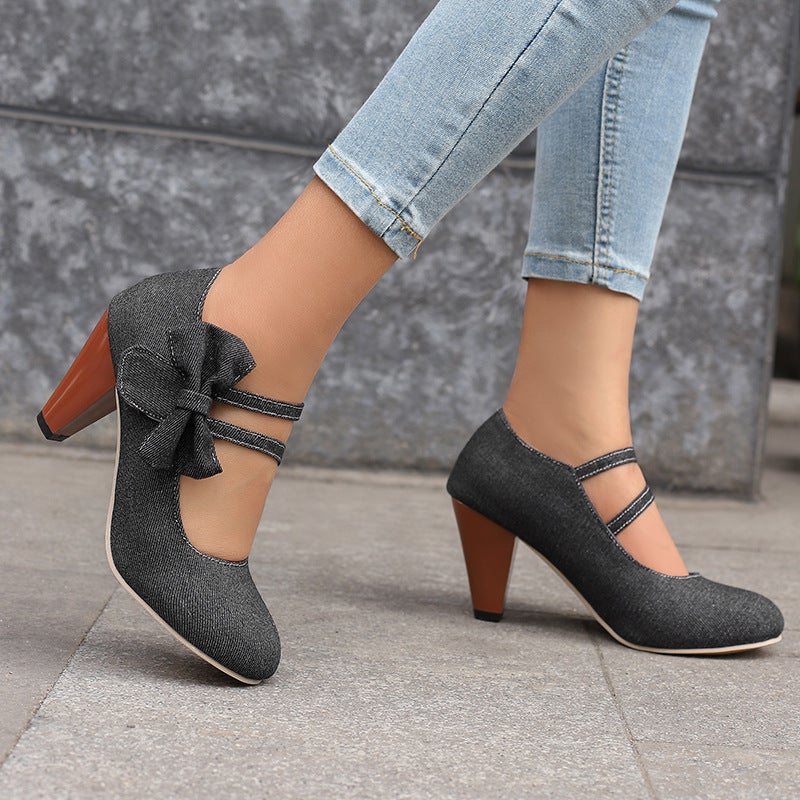 2024 Spring Classic Round-Headed High Heels 31-48 Denim Bow Shallow Mouth Shoes - Image 4