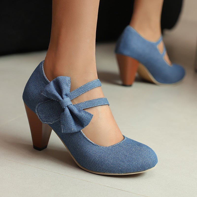 2024 Spring Classic Round-Headed High Heels 31-48 Denim Bow Shallow Mouth Shoes - Image 3