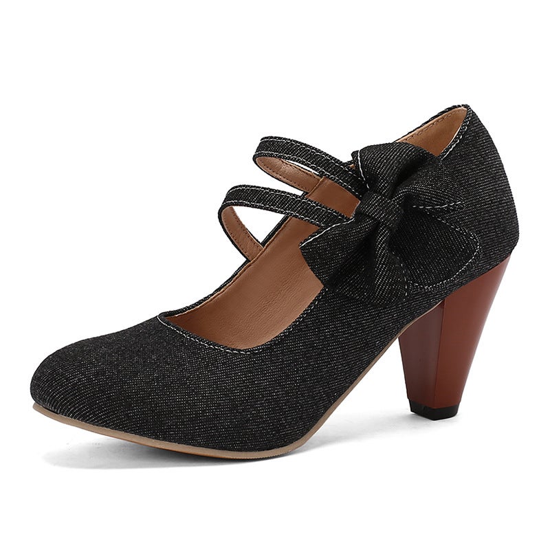 2024 Spring Classic Round-Headed High Heels 31-48 Denim Bow Shallow Mouth Shoes - Image 1