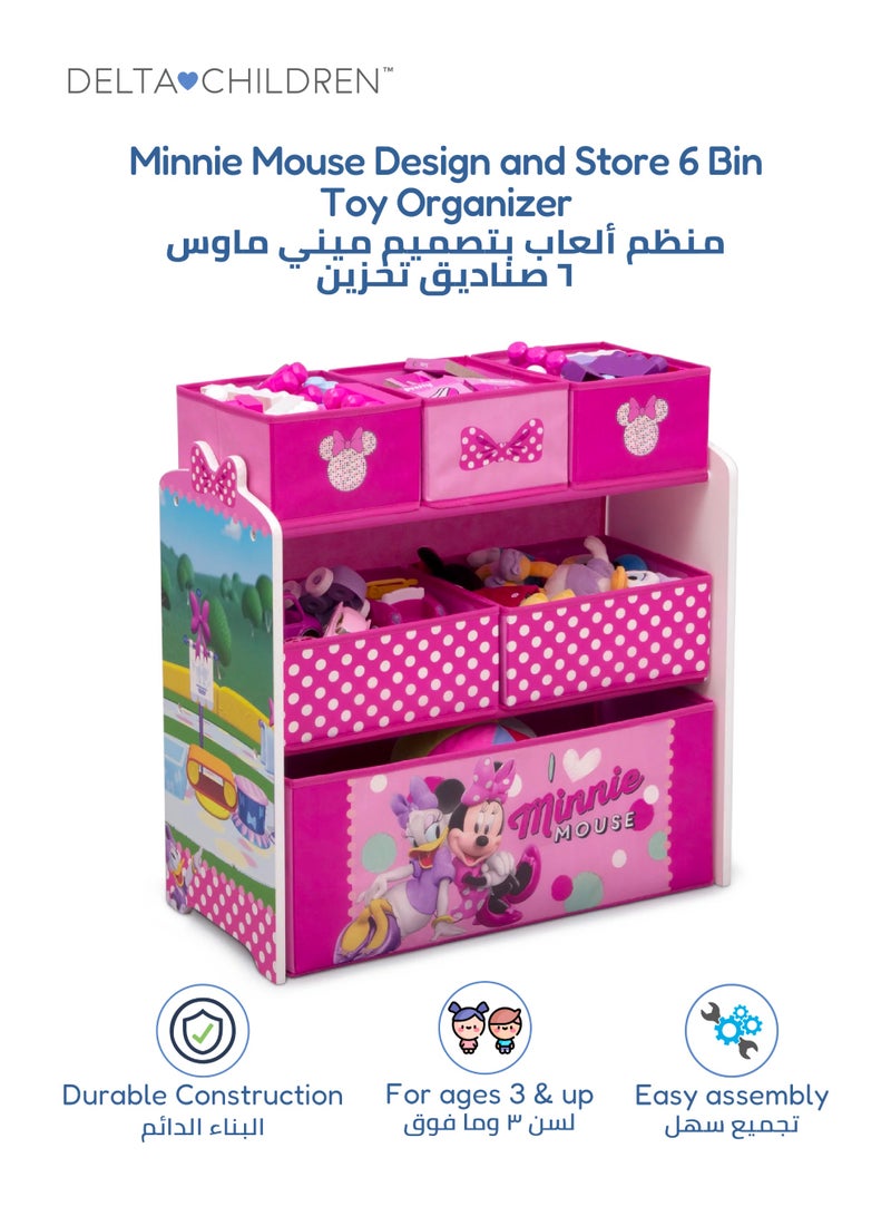 Delta CHILDREN Minnie Mouse Toy Organizer | 6 Fabric Bins for Storage | Reusable Vinyl Stickers for Customization | Colorful Design for Kids Room | 106.68x35.56x66.5 CM - Image 1