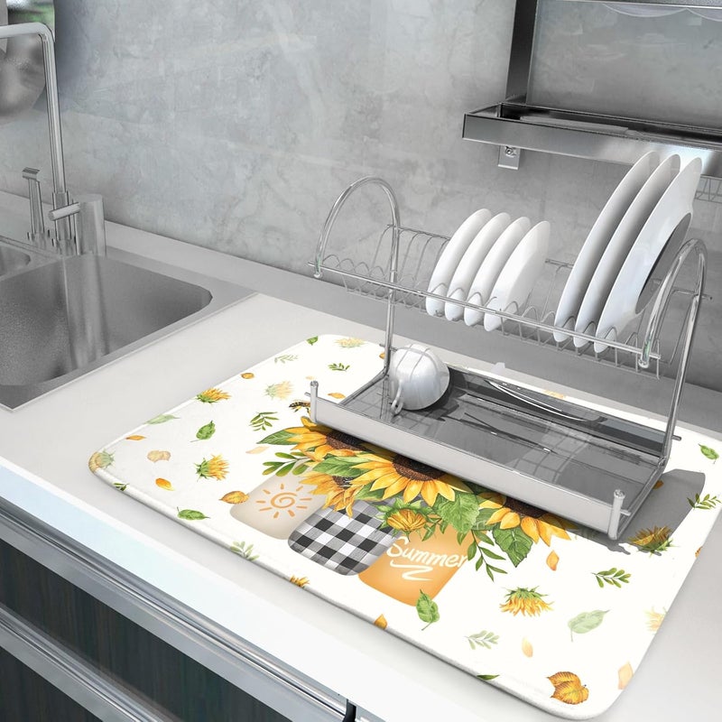 Giwawa Sunflower Vases Dish Drying Mat for Countertop, 18"x24" Summer Bee Floral Mason Jar Dish Drainer Mats, Fast Dry Microfiber Reversible Large Dish Drying Pad Kitchen Decoration - Image 5