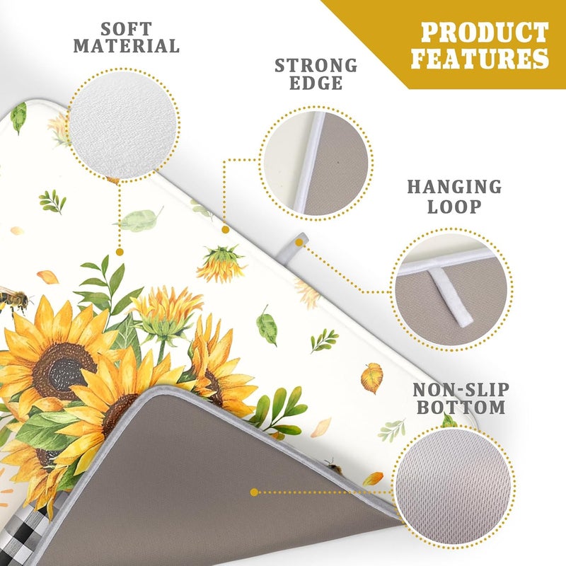Giwawa Sunflower Vases Dish Drying Mat for Countertop, 18"x24" Summer Bee Floral Mason Jar Dish Drainer Mats, Fast Dry Microfiber Reversible Large Dish Drying Pad Kitchen Decoration - Image 4