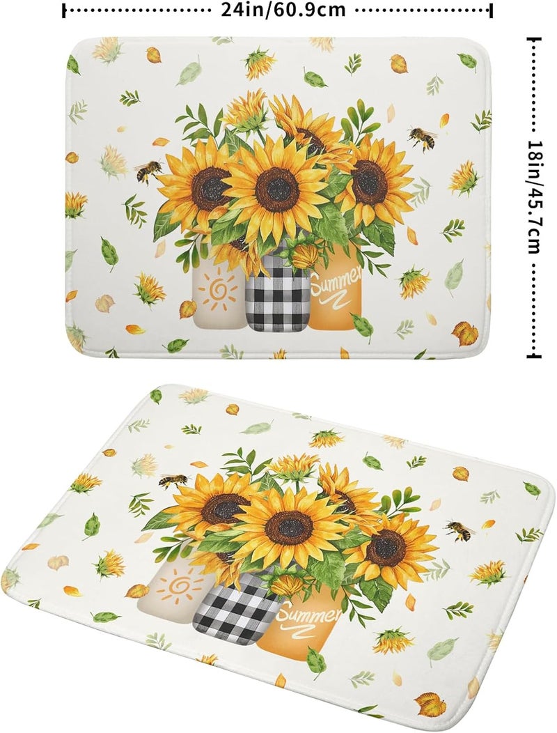 Giwawa Sunflower Vases Dish Drying Mat for Countertop, 18"x24" Summer Bee Floral Mason Jar Dish Drainer Mats, Fast Dry Microfiber Reversible Large Dish Drying Pad Kitchen Decoration - Image 2
