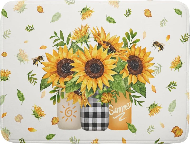 Giwawa Sunflower Vases Dish Drying Mat for Countertop, 18"x24" Summer Bee Floral Mason Jar Dish Drainer Mats, Fast Dry Microfiber Reversible Large Dish Drying Pad Kitchen Decoration - Image 1