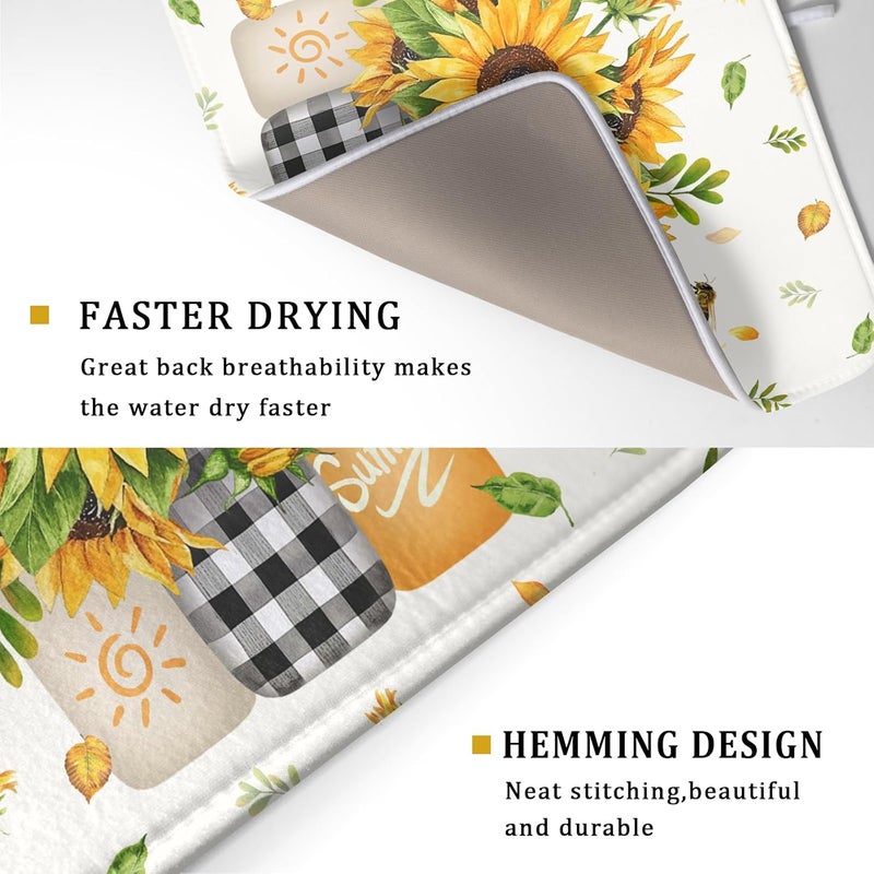 Giwawa Sunflower Vases Dish Drying Mat for Countertop, 18"x24" Summer Bee Floral Mason Jar Dish Drainer Mats, Fast Dry Microfiber Reversible Large Dish Drying Pad Kitchen Decoration - Image 3
