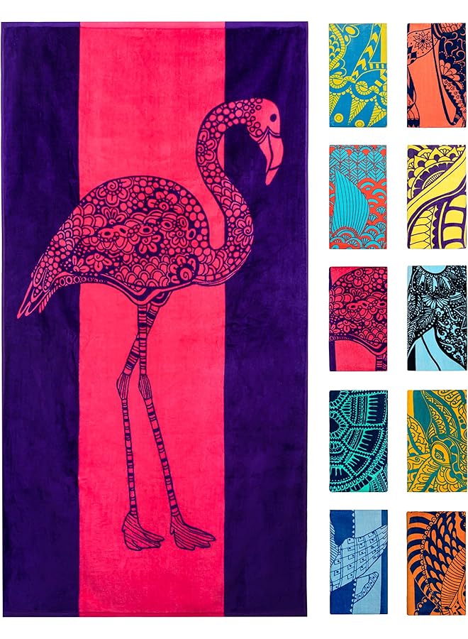 The Bros منشفة شاطئ فلامينغو - وردية وبنفسجية بتصميم لطيف، كبيرة جدًا، XL (34 بوصة × 63 بوصة) ماصة وقابلة للحمل، خفيفة الوزن، منشفة شاطئ وردية، مصنوعة من 100% قطن - Image 1