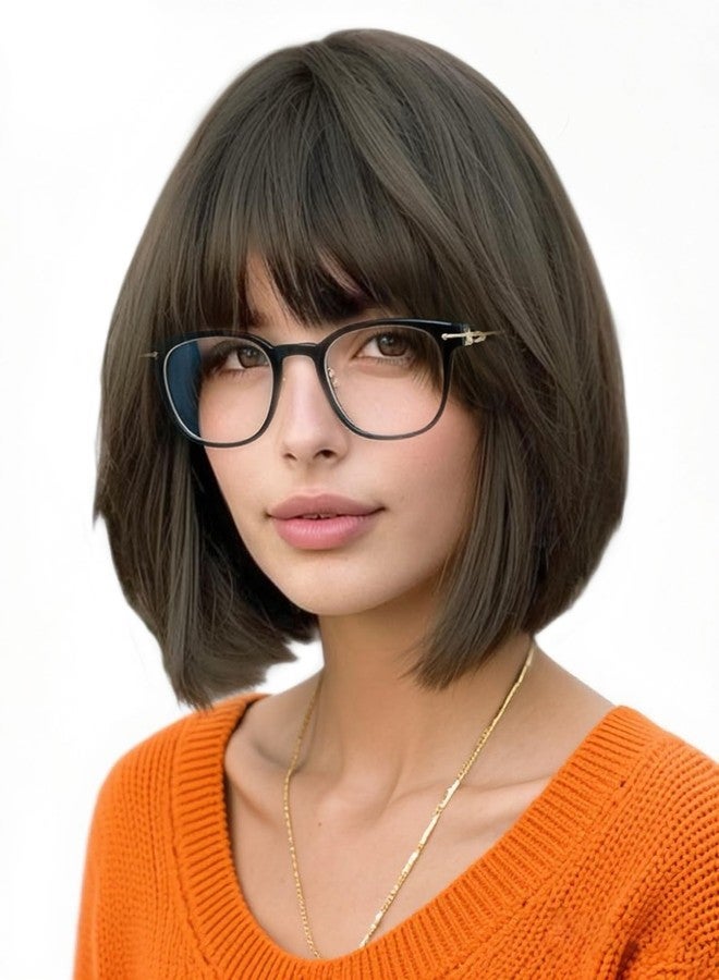 QUEENTAS Bob Wigs for Women Short Brown Wig Shoulder Length Straight Bob Wigs with Bangs Natural Looking Synthetic Glueless Wig for Daily Party(Dark Brown/#6 - Image 1
