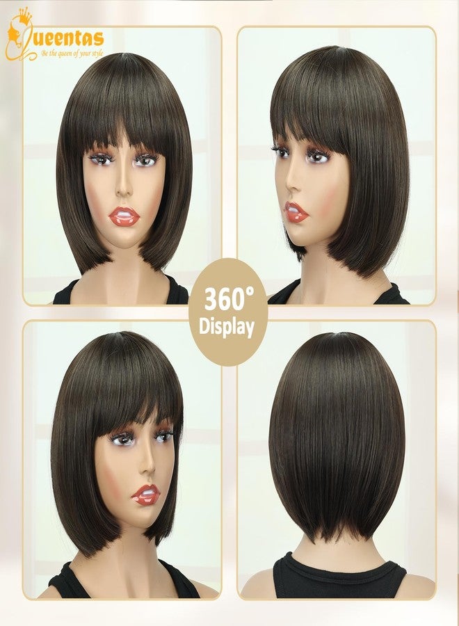 QUEENTAS Bob Wigs for Women Short Brown Wig Shoulder Length Straight Bob Wigs with Bangs Natural Looking Synthetic Glueless Wig for Daily Party(Dark Brown/#6 - Image 5
