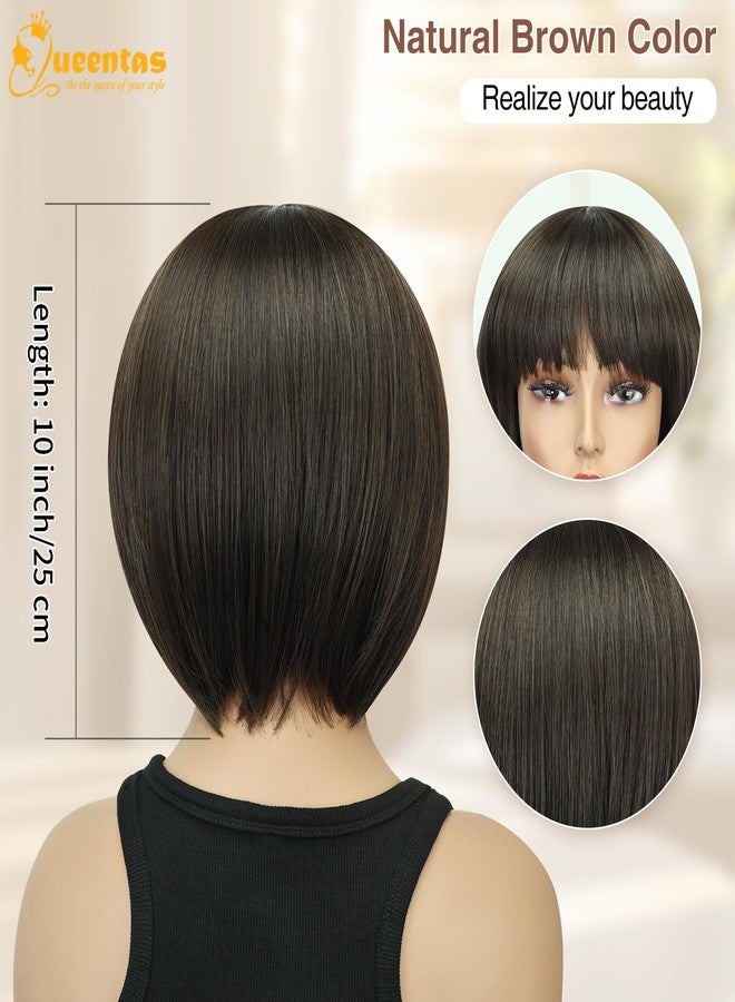 QUEENTAS Bob Wigs for Women Short Brown Wig Shoulder Length Straight Bob Wigs with Bangs Natural Looking Synthetic Glueless Wig for Daily Party(Dark Brown/#6 - Image 3