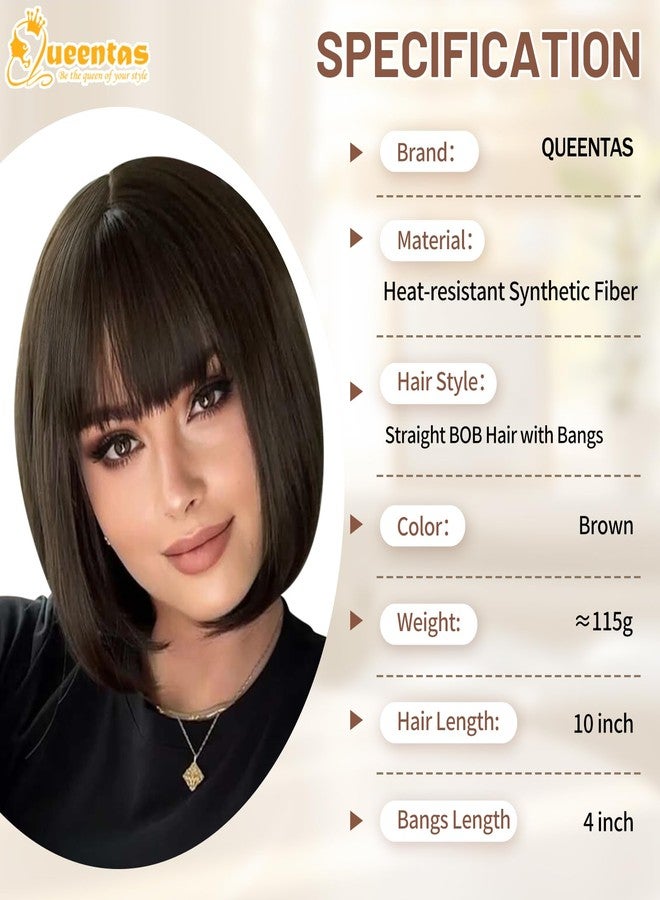 QUEENTAS Bob Wigs for Women Short Brown Wig Shoulder Length Straight Bob Wigs with Bangs Natural Looking Synthetic Glueless Wig for Daily Party(Dark Brown/#6 - Image 2