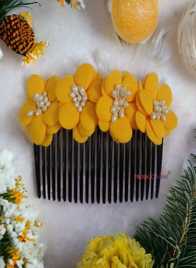 PRODUCTMINE مشط شعر مزين بالزهور من PRODUCTMINE®، إكسسوارات شعر مزينة بالزهور للنساء والفتيات، دبابيس شعر لحفلات الزفاف - وردة صناعية بلون أصفر مانجو - قطعة واحدة - Image 3