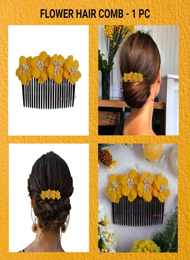 PRODUCTMINE مشط شعر مزين بالزهور من PRODUCTMINE®، إكسسوارات شعر مزينة بالزهور للنساء والفتيات، دبابيس شعر لحفلات الزفاف - وردة صناعية بلون أصفر مانجو - قطعة واحدة - Image 2