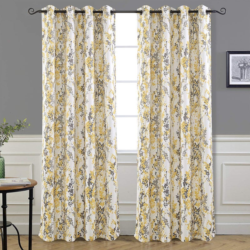 DriftAway DriftAway Abstract Floral Yellow Curtains for Living Room Bedroom Ink and Ivy 84 Inches Long Botanical Room Darkening Window Drapes Grommet Top 2 Panels
