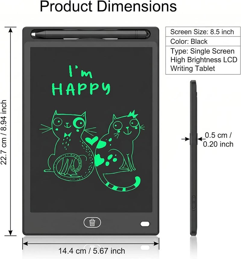 8.5 Inch LCD Writing Tablet with High Brightness Screen, Drawing Pad, Erasable Reusable Doodle Board for Kids Office Memo Home School, Black Straight Edge Single Screen, Lightweight Portable - Image 2