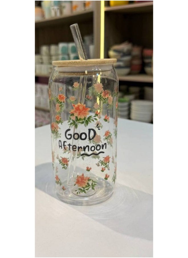 Pyrex mug with straw and wooden lid