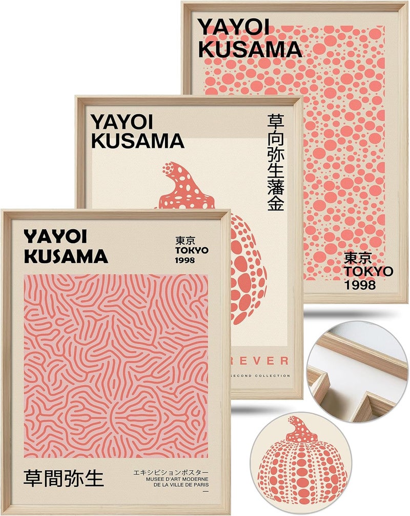 UPWOIGH Framed Wall Art(No Plexiglass), Yayoi Kusama Wood Canvas Wall Art, Pink Pumpkin Infinity Net Dots Prints Posters Neutral Wall Decor, 16x12in Cotton Pattern Vintage Wall Decor Aesthetic for - Image 1