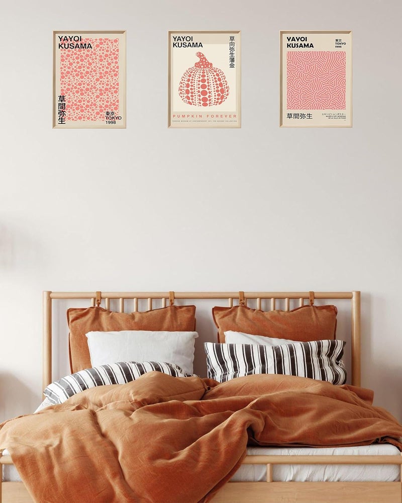 UPWOIGH Framed Wall Art(No Plexiglass), Yayoi Kusama Wood Canvas Wall Art, Pink Pumpkin Infinity Net Dots Prints Posters Neutral Wall Decor, 16x12in Cotton Pattern Vintage Wall Decor Aesthetic for - Image 2