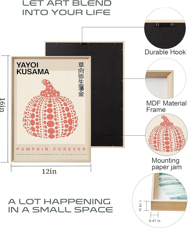 UPWOIGH Framed Wall Art(No Plexiglass), Yayoi Kusama Wood Canvas Wall Art, Pink Pumpkin Infinity Net Dots Prints Posters Neutral Wall Decor, 16x12in Cotton Pattern Vintage Wall Decor Aesthetic for - Image 3