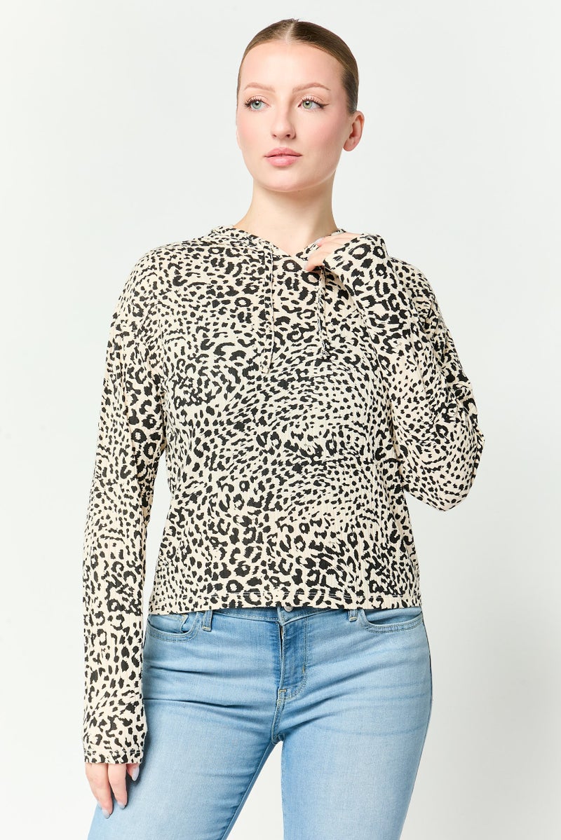 UNDIZ Women Hooded Animal Print Long Sleeve Top, Multicolor - Image 1