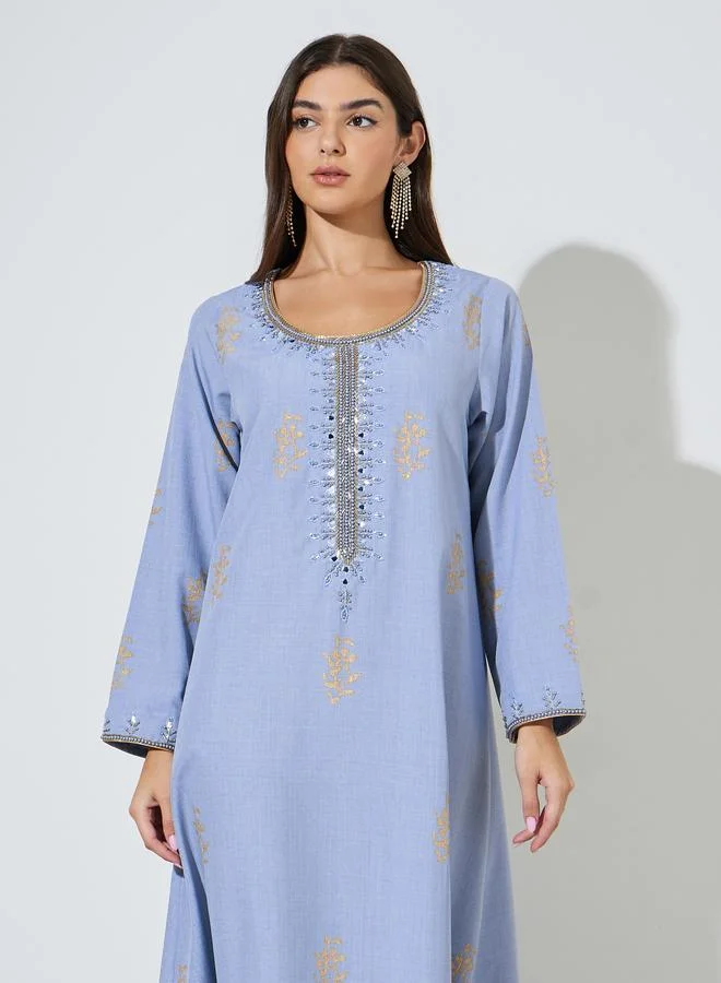 Amirah  Blue Long Sleeves Round Neck Jalabiya with Gold Embroidery for Women | Best Price UAE