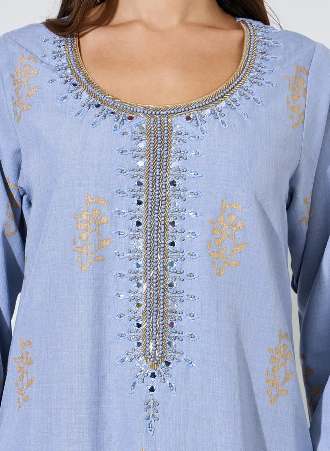 Amirah  Blue Long Sleeves Round Neck Jalabiya with Gold Embroidery for Women | Best Price UAE