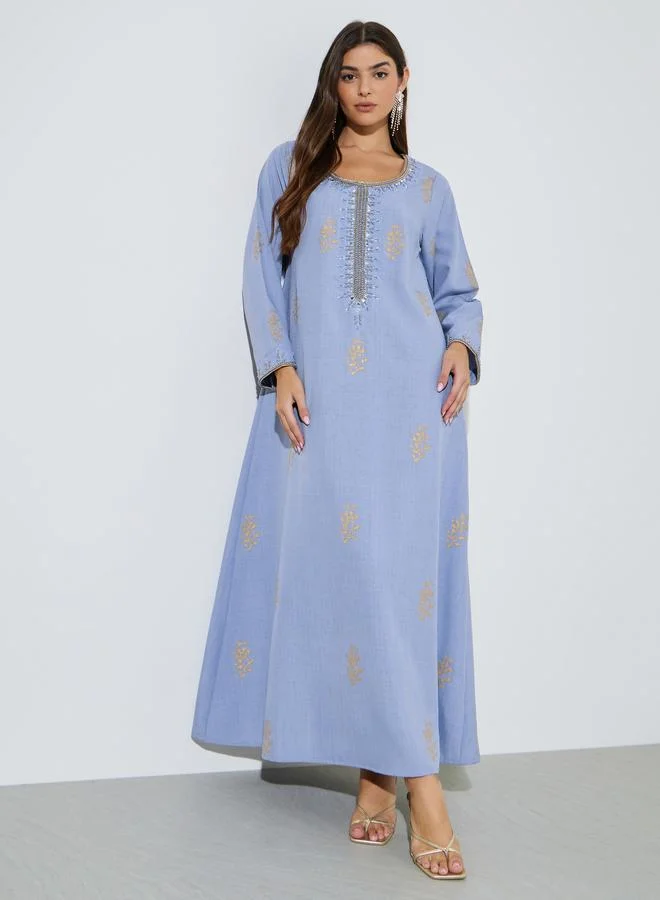 Blue Long Sleeves Round Neck Jalabiya with Gold Embroidery