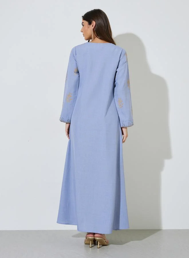 Amirah  Blue Long Sleeves Round Neck Jalabiya with Gold Embroidery for Women | Best Price UAE