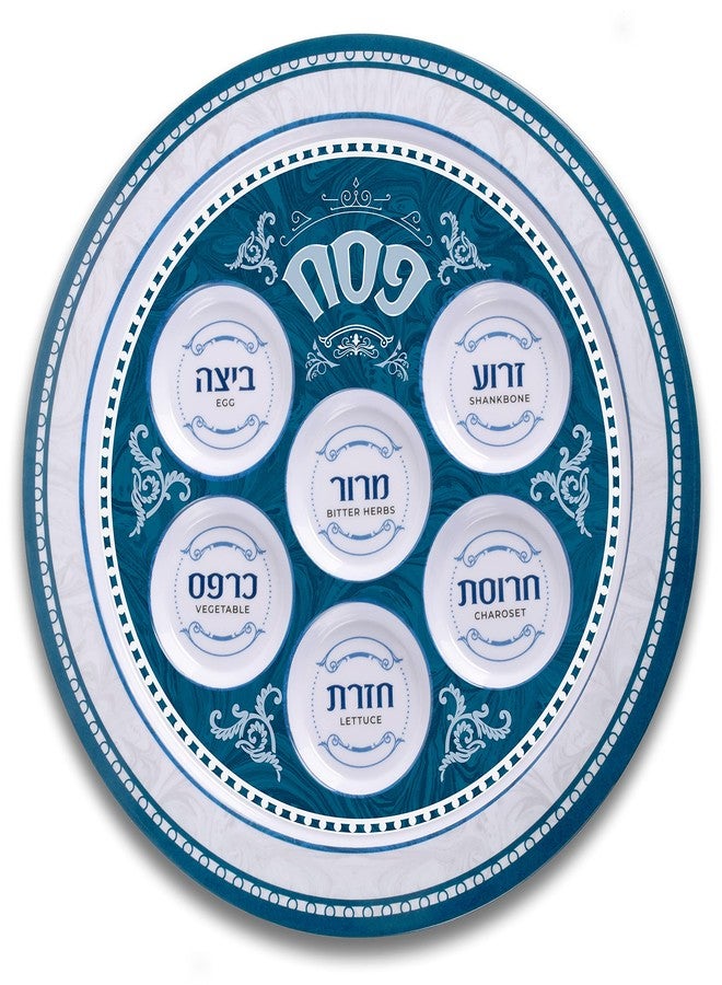 Ner Mitzvah Melamine 12" Passover Seder Plate - Blue and White Marble Design - Image 1