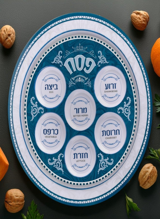 Ner Mitzvah Melamine 12" Passover Seder Plate - Blue and White Marble Design - Image 4